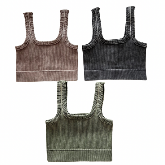 Washed Ribbed Square Neck Cropped Tank Top